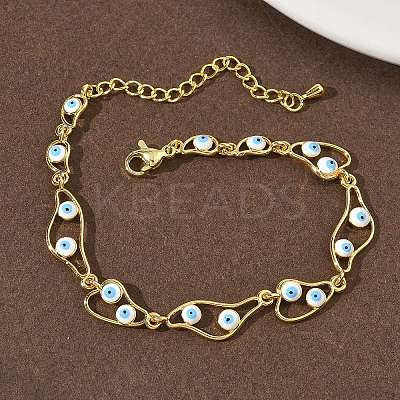 Brass Enamel Flat Round Evil Eye Link Chain Bracelets for Women BJEW-G764-01G-03-1