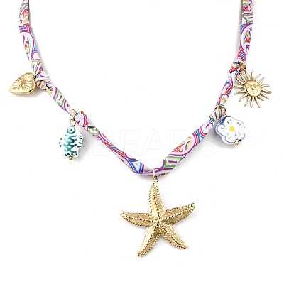 304 Stainless Steel Starfish Sun Heart & Ceramic Fish Flower Pendant Printed Polyester Cord Necklaces for Women NJEW-A063-08G-1