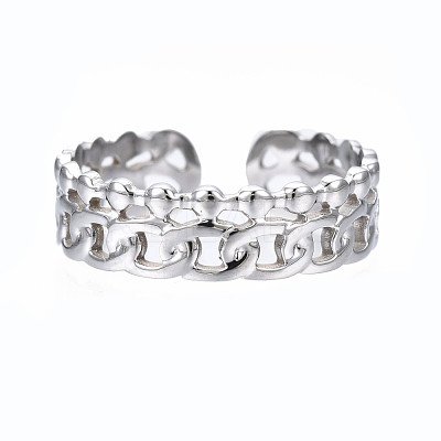 Non-Tarnish 304 Stainless Steel Curb Chain Open Cuff Ring RJEW-T023-92G-1