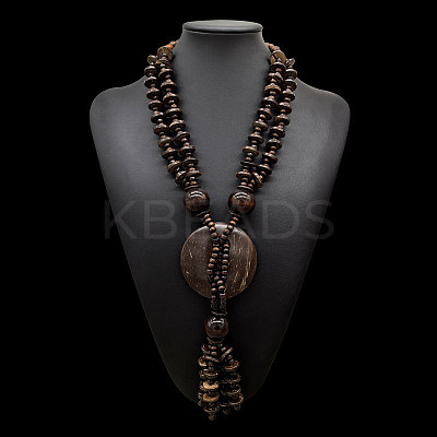 Boho Coconut & Wood Handmade Ethnic Donut Pendant Long Tassel Beaded Necklaces for Beach Vacation WGD9A0D-02-1