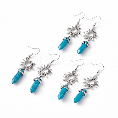 Synthetic Turquoise Bullet with Sun Dangle Earrings EJEW-I276-01P-11-1