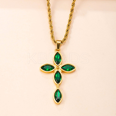 304 Stainless Steel Pave Cubic Zirconia Religion Cross Pendant Necklaces for Men Women WG31638-02-1