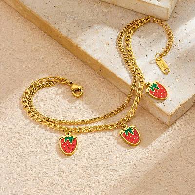 304 Stainless Steel Enamel Red Strawberry Charm 2-Strand Bracelets for Women WG018B1-01-1