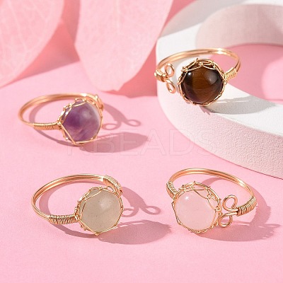 Natural Mixed Gemstone Half Round Open Cuff Rings RJEW-JR00574-1