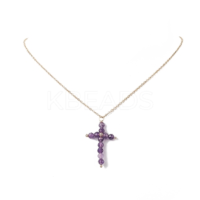 Natural Mixed Gemstone Beaded Cross Pendant Necklace NJEW-JN04236-1