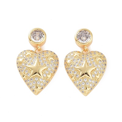 Clear Cubic Zirconia Heart with Star Dangle Stud Earrings EJEW-P224-10G-1