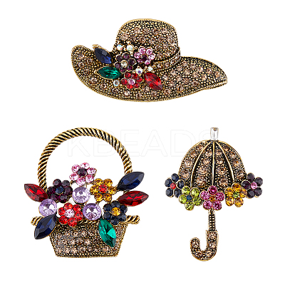 3Pcs 3 Style Colorful Rhinestone Umbrella & Hat & Flower Basket Brooch Pin JEWB-FH0001-13-1