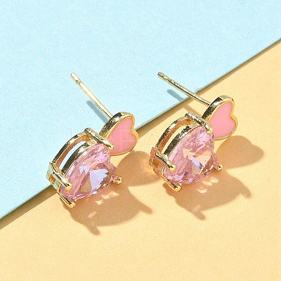 Heart Brass Cubic Zirconia Stud Earrings EJEW-A132-05G-1