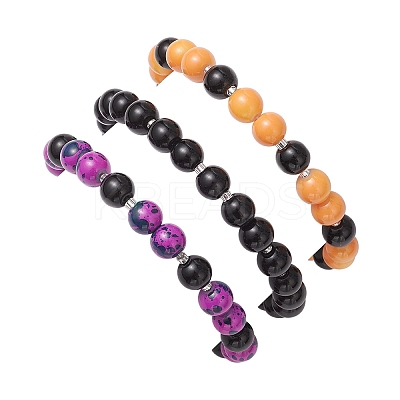 3Pcs Halloween Theme Baking Paint Glass Round Beads Stretch Bracelets for Women BJEW-MZ00186-1