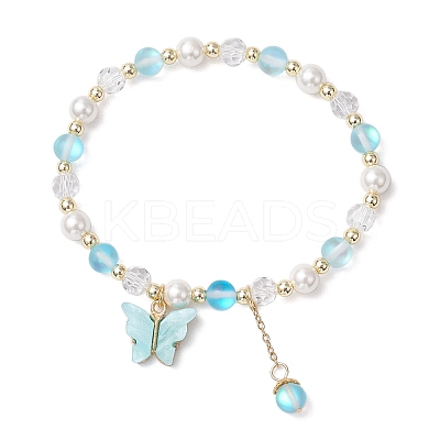 Frosted Dyed Synthetic Moonstone & Shell Pearl Round Beads Stretch Bracelets BJEW-JB11822-02-1