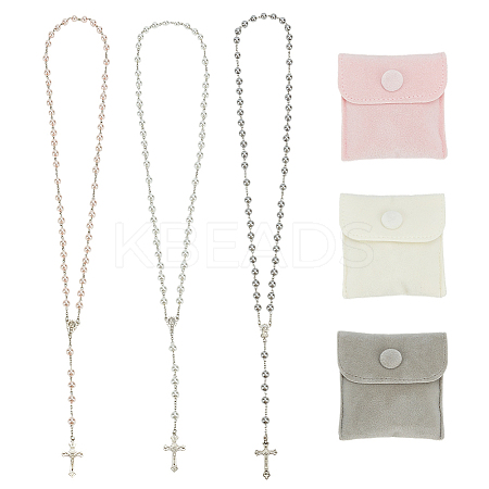 3Pcs Round White Glass Pearl Rosary Bead Necklaces NJEW-GO0001-18-1