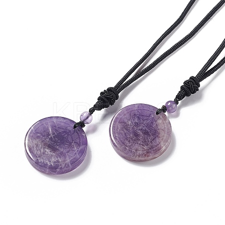 Natural Amethyst Flat Round with Hexagon Pendant Necklace with Nylon Cord for Women NJEW-P274-05-02-1