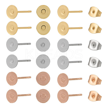 60Pcs 3 Color Flat Round 304 Stainless Steel Stud Earring Findings STAS-TA0002-47-1