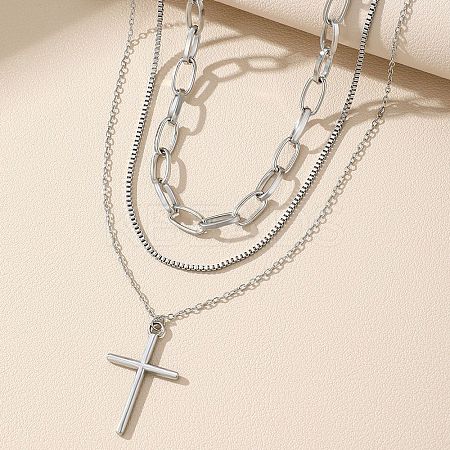 304 Stainless Steel Cross Pendant 3 Layer Necklaces for Women LS-NJEW-F343-02P-1