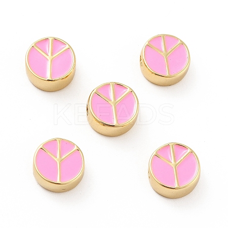 Flat Round with Peace Sign Brass Enamel Beads KK-G419-05G-03-1