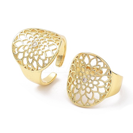 Rack Plating Brass Hollow Flower Open Cuff Ring with Cubic Zirconia RJEW-B044-20G-1