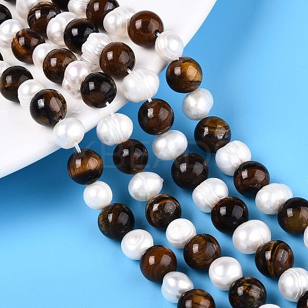 Natural Tiger Eye Round & Natural Cultured Freshwater Pearl Grooved Potato Beads Strands PEAR-N019-10-1