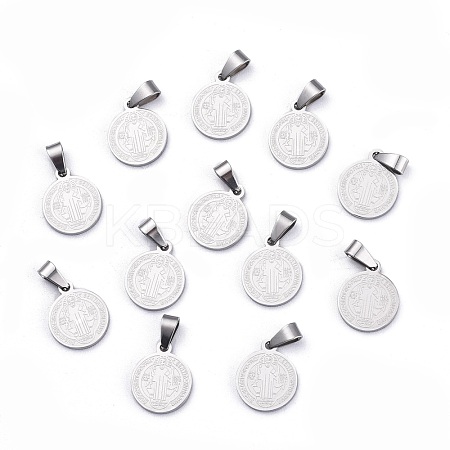 Non-Tarnish Flat Round with San Benito & Word 304 Stainless Steel Charms X-STAS-I036-03C-1
