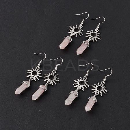 Natural Rose Quartz Bullet with Sun Dangle Earrings EJEW-I276-01P-19-1