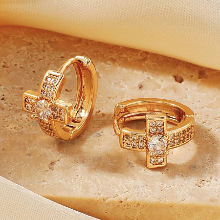 Elegant Cross Brass Pave Clear Cubic Zirconia Hoop Earrings HU5672-2-1