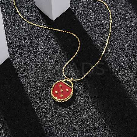 304 Stainless Steel Dark Red Enamel Ladybug Pendant Boston Link Chain Necklaces for Women NJEW-U032-07G-02-1