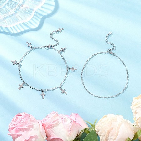 2Pcs 2 Styles 304 Stainless Steel Cable Chain Paperclip Chain Charm Double Layer Anklets for Women AJEW-AN00740-03-1