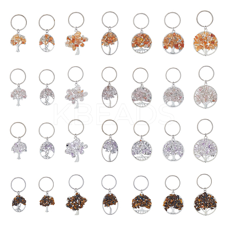4 Sets 4 Styles Natural Gemstone Chip & Alloy Tree of Life Pendant Keychain KEYC-FH0001-45B-1