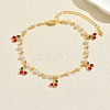 Bohemian Brass Enamel Red Fruit Tassel & Imitation Pearl Round Link Chain Anklets for Summer Vacation BD6546-4-1