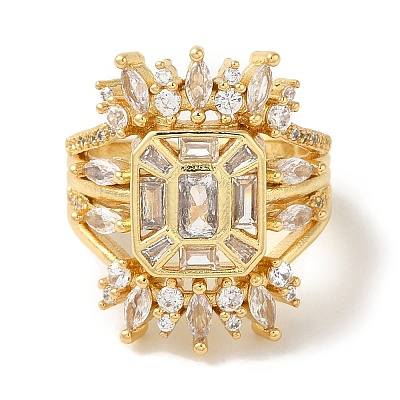 Rack Plating Brass Micro Pave Clear Cubic Zirconia Cuff Ring RJEW-P104-03G-1