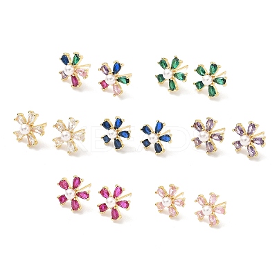 Flower Brass Cubic Zirconia Stud Earrings EJEW-P336-06G-1