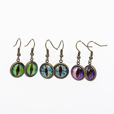 Trendy Antique Bronze Brass Dragon Eye Printed Glass Dangle Earrings EJEW-JE01479-1