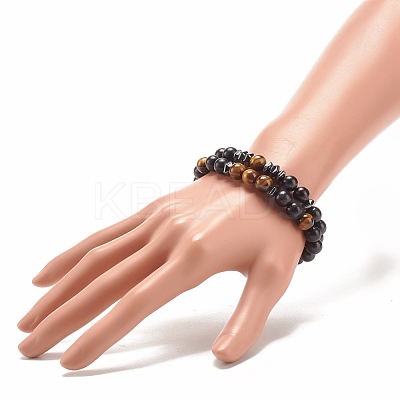 2Pcs 2 Style Natural Wood & Tiger Eye & Synthetic Hematite Stretch Bracelets Set BJEW-JB07940-1