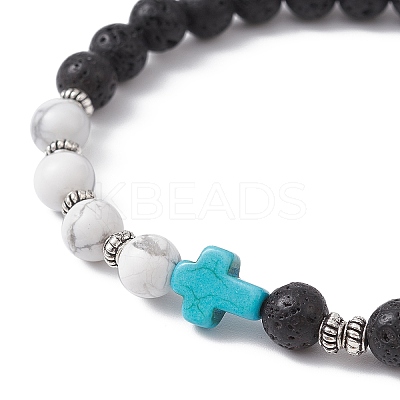 Cross Synthetic Turquoise & Natural Howlite & Lava Rock Beaded Stretch Bracelet BJEW-JB09765-02-1