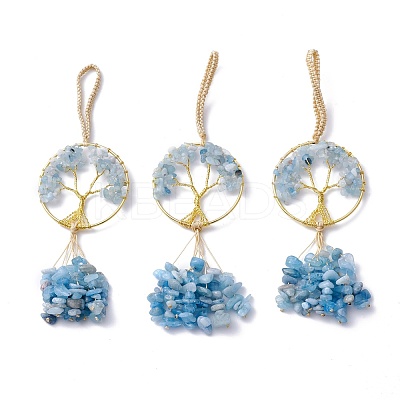 Wire Wrapped Chips Natural Aquamarine Big Pendant Decorations HJEW-H057-03B-1