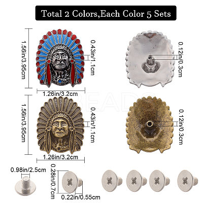 Gorgecraf 10 Sets 2 Colors Indian Zinc Alloy Decorative Rivets AJEW-GF0007-30-1