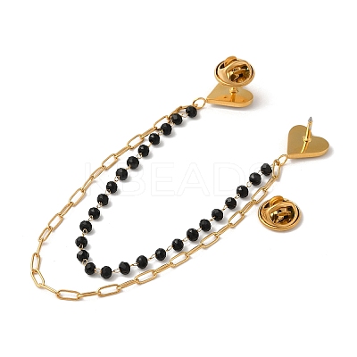 304 Stainless Steel Micro Pave Clear Cubic Zirconia & Dyed Black Stone Heart Hanging Chain Brooch JEWB-S021-06G-1