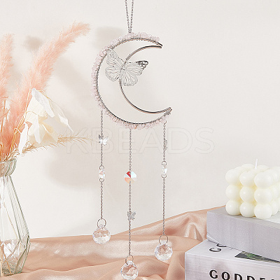 Natural Rose Quartz Chips & Metal Moon Butterfly Hanging Ornaments AJEW-WH20080-03A-1