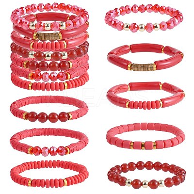 8Pcs 8 Style Natural Red Agate & Glass & Polymer Clay Heishi Surfer Stretch Bracelets Set BJEW-SW00083-1