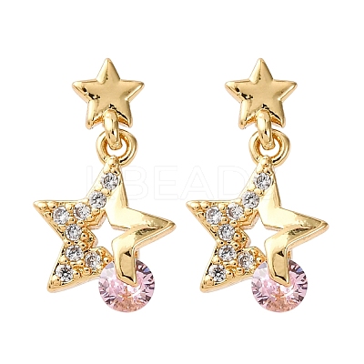 Brass Micro Pave Cubic Zirconia Star Dangle Stud Earrings EJEW-K267-22G-1