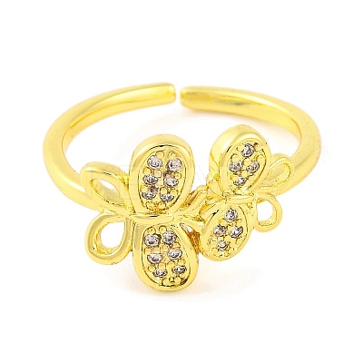 Butterfly Brass Micro Pave Clear Cubic Zirconia Open Cuff Rings for Women RJEW-U003-08G-1