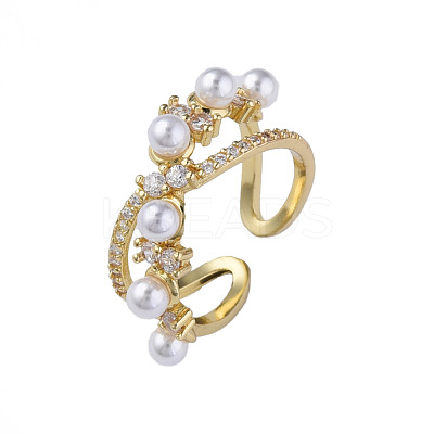 Cubic Zirconia Infinity Open Cuff Ring with Imitation Pearl RJEW-N035-132-1