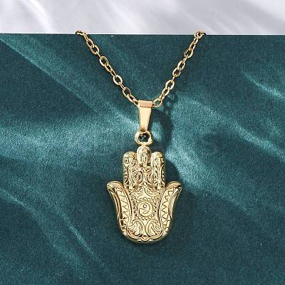 Hamsa Hand 304 Stainless Steel Pendant Necklaces NJEW-H059-01G-1