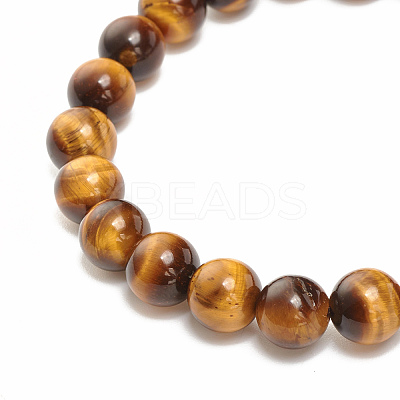 Natural Tiger Eye Round Beaded Stretch Bracelet with Bullet Shape Charm BJEW-JB08310-02-1
