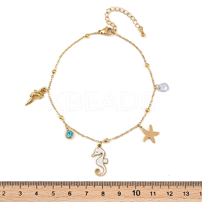 304 Stainless Steel Pave Deep Sky Blue Cubic Zirconia Enamel Sea Horse Starfish Conch Charm Anklets for Women AJEW-G069-03G-1