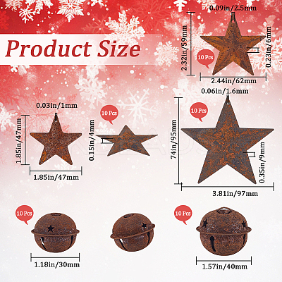 50Pcs 5 Styles Rust Iron Bell with Star Pendants IFIN-CN0001-02-1