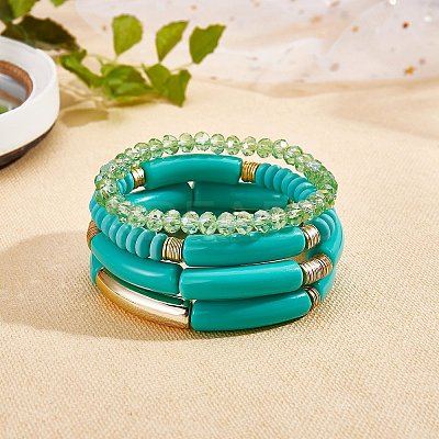 4Pcs 4 Style Acrylic Chunky Curved Tube Stretch Bracelet Sets BJEW-SW00074-07-1