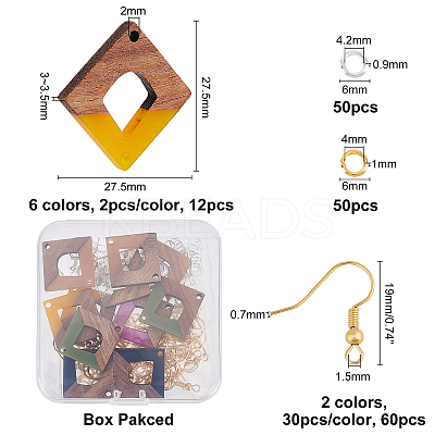 DIY 6 Pairs Rhombus Resin & Walnut Wood Earring Makings DIY-FH0001-94-1