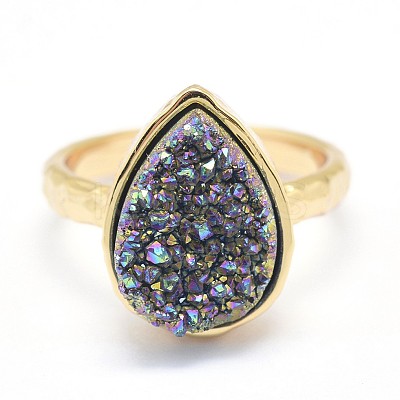 Electroplate Natural Druzy Quartz Crystal Finger Rings RJEW-I055-07G-RS-1