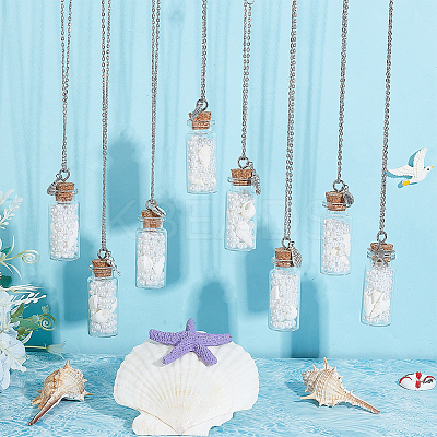 8Pcs 8 Style Glass Sea Wish Bottle with Natural Trumpet Shell Pendant Necklaces Set NJEW-AB00005-1