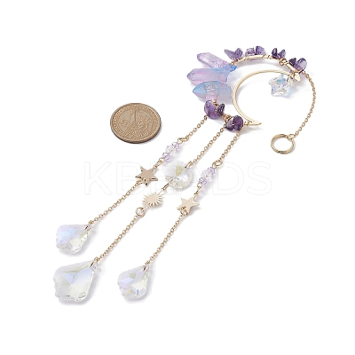 Moon Natural Amethyst & Electroplated Natural Quartz Crystal Pendants Decorations HJEW-JM01265-1